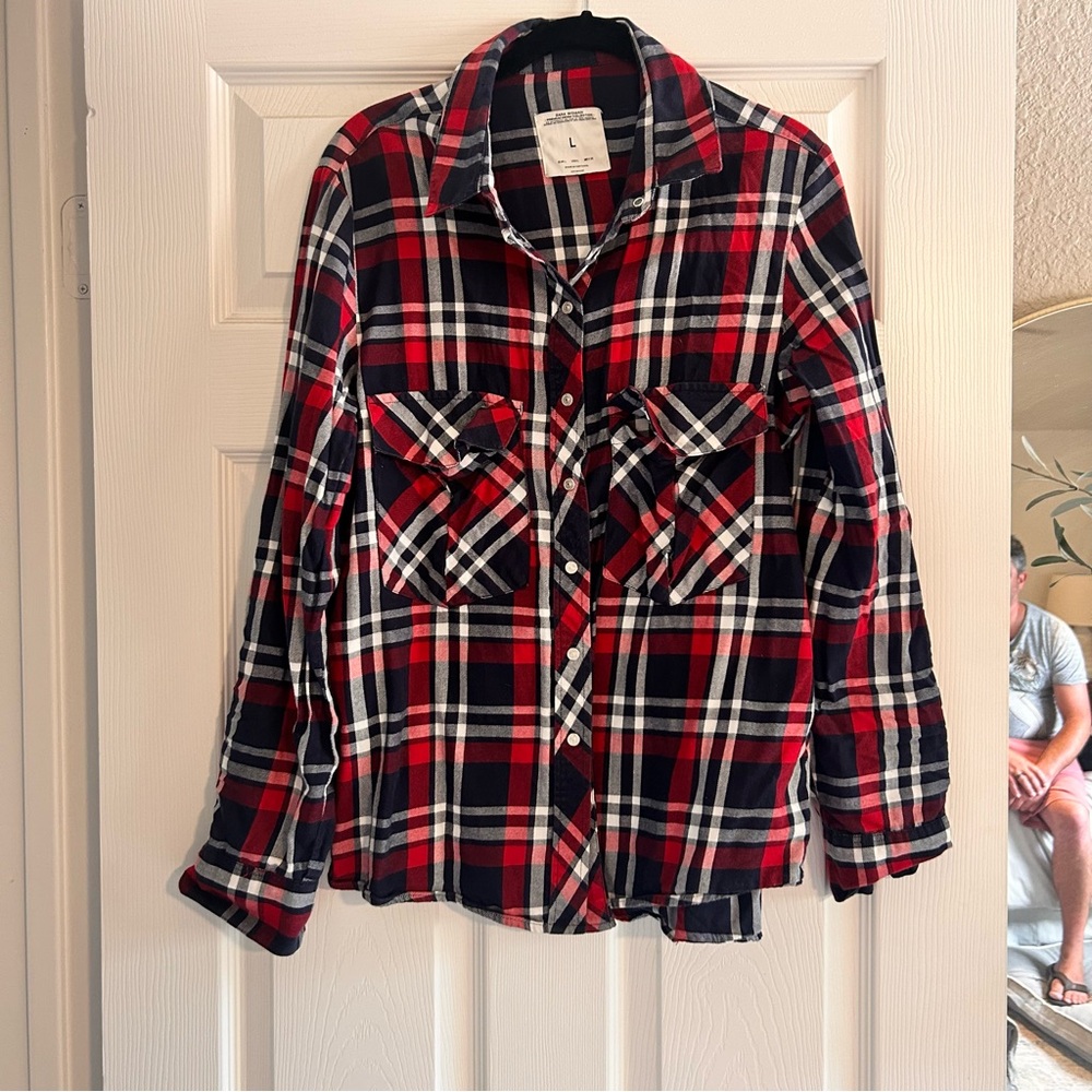 Zara Woman Premium Denim Collection Red and Navy Plaid Long-Sleeve Button Down